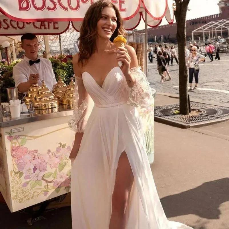 Custom Made Boho Wedding Dress Chiffon Lace Vintaging Gowns Split Side Sexy Beach Bridal Dressee Wedds Cheap Mariage (ZD14098)