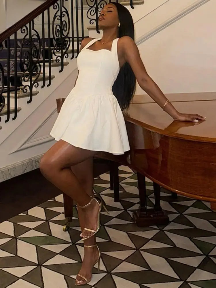 Solid Halter Backless A-Line Party Dress - View 3 | VelvetHem