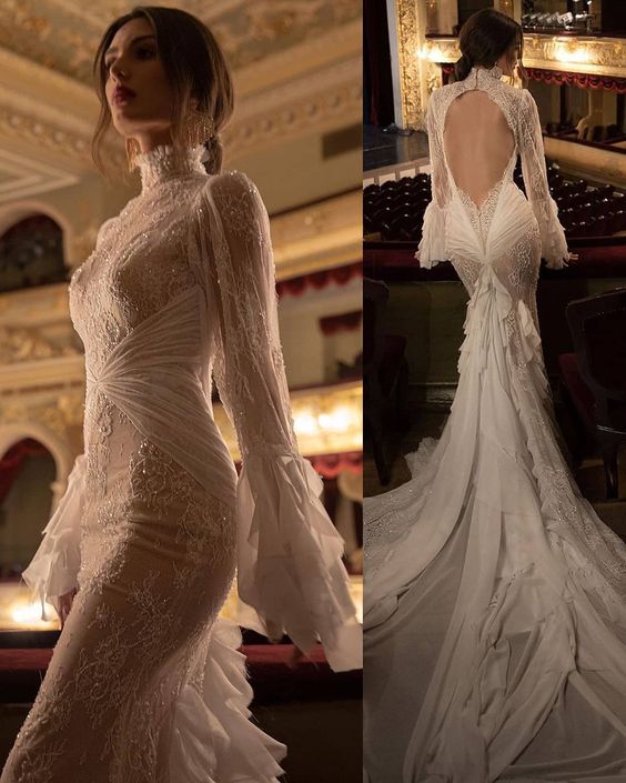Fairytale Mermaid High Neckline With Long Sleeves Lace Wedding Dress