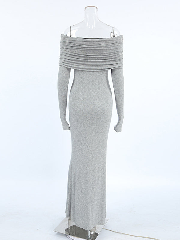 Long Sleeves Skinny Pleated Solid Color Split-Joint Off-The-Shoulder Evening Dresses Maxi Dresses - View 3 | VelvetHem