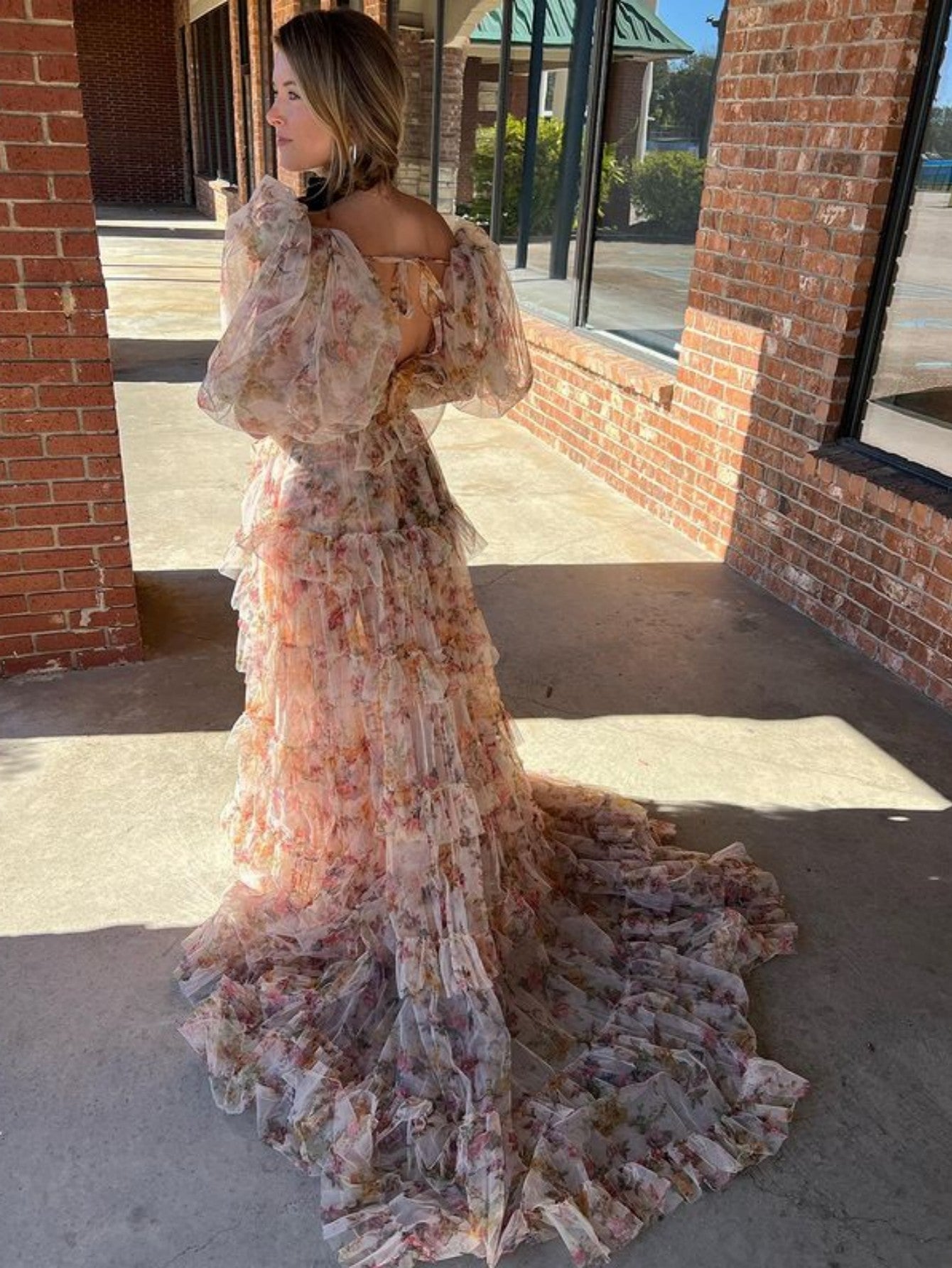 A Line Floral Two Pieces Set Tulle Long Prom Dress - Fashionpara