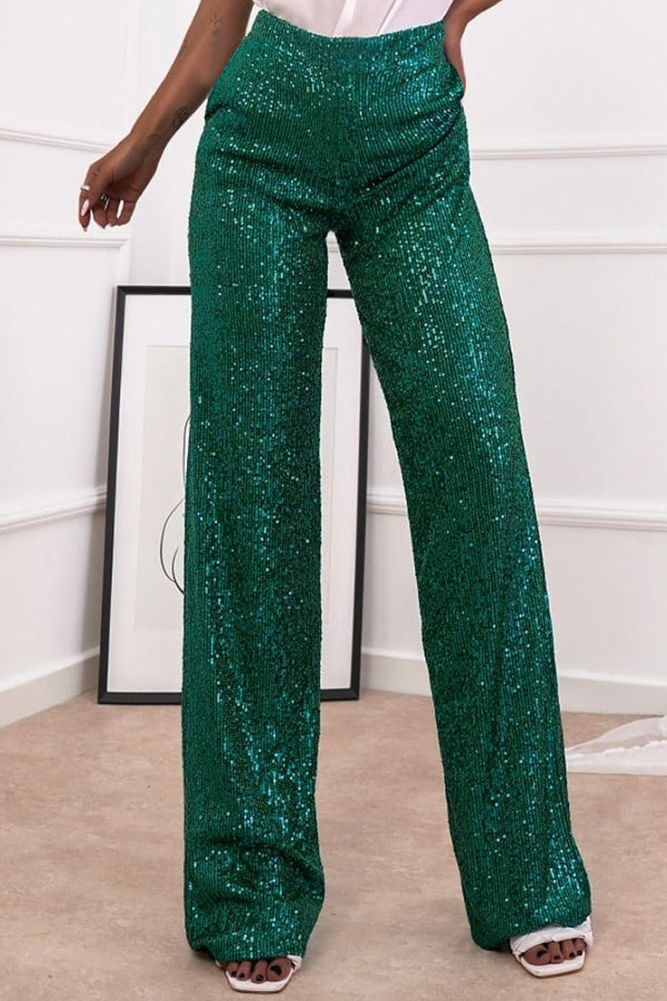 Solid color sequined fashionable casual straight pants