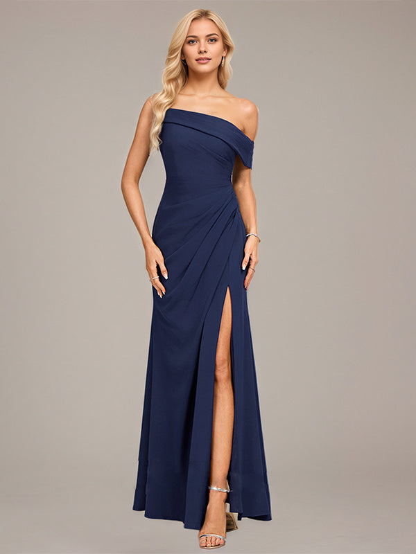 Dark Navy Trumpet/Mermaid One Shoulder Floor-Length Stretch Crepe Bridesmaid Dress With Ruffle