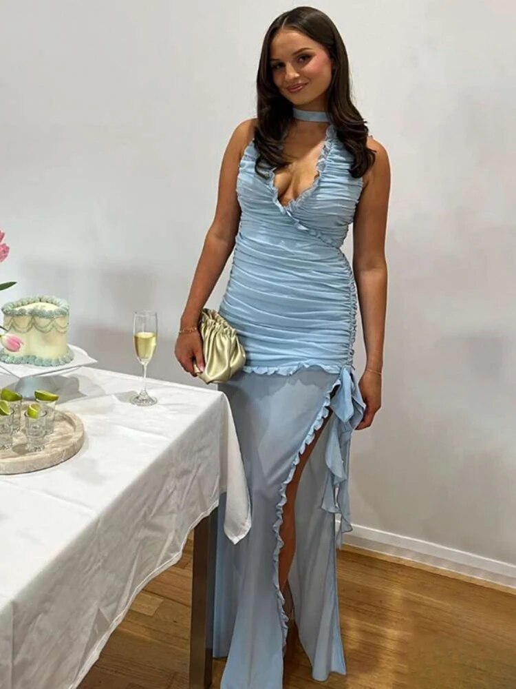 TARUXY Deep V Neck Slim Maxi Dresses For Women Mesh Splice See Through Folds Long Dress Femme Side Slit Sexy Evening Dress Woman - View 5 | VelvetHem