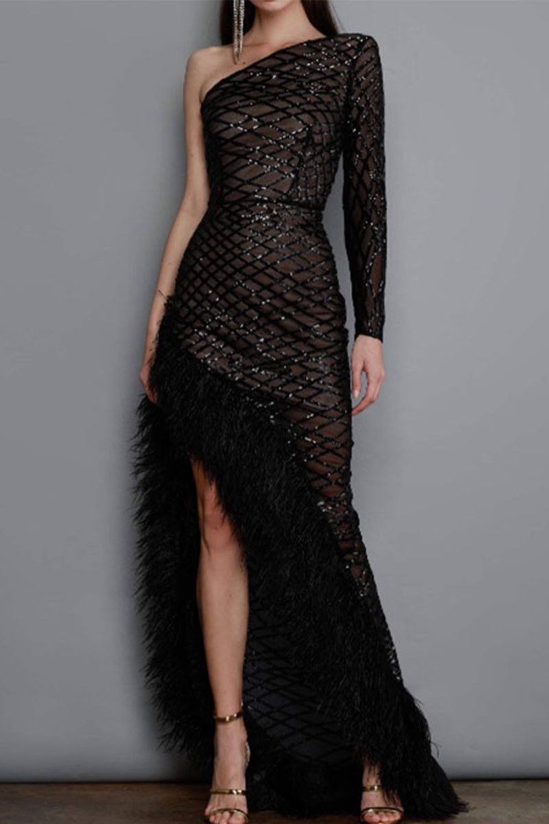 Sexy Prom Irregular Mesh Feather Hemline Sloping Shoulder Evening Dresses - VelvetHem
