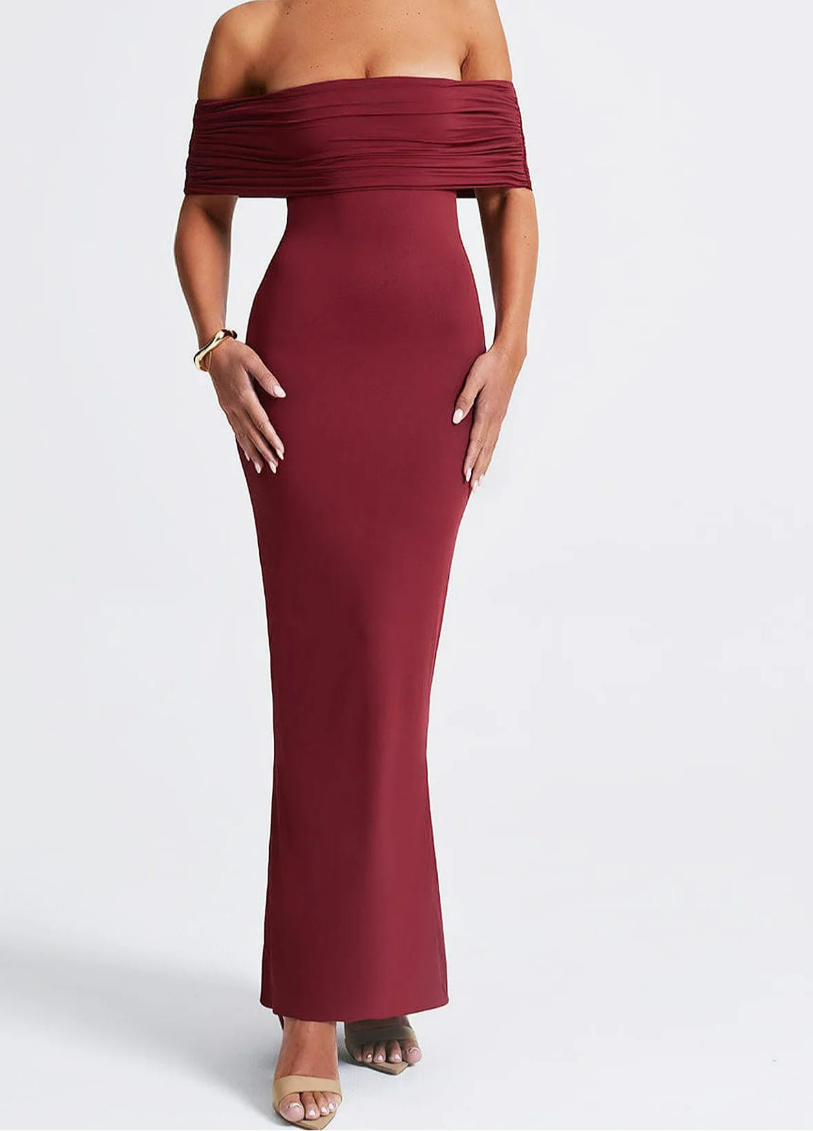 Slash Neck Backless Ruched Maxi Dress - View 2 | VelvetHem