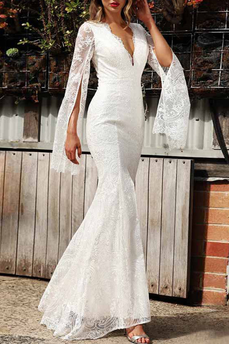 Sexy Formal Solid Lace Zipper V Neck Evening Dress Dresses - View 3 | VelvetHem
