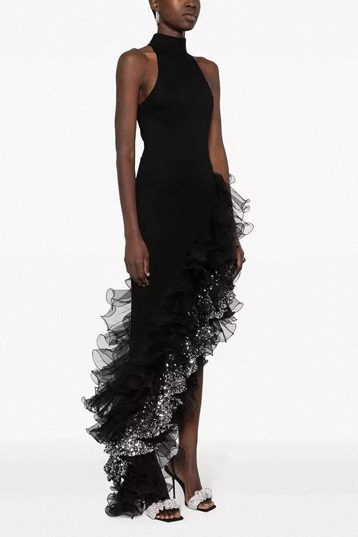 Black Ruffled Mesh Dress with Relaxed Fit and Boutique Fashion Look