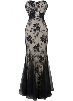 Strapless Lace Mermaid Long Evening Dress Black Prom Dress