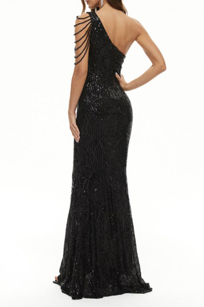Celebrities Elegant Solid Sequins Oblique Collar Evening Dress Dresses - View 5 | VelvetHem