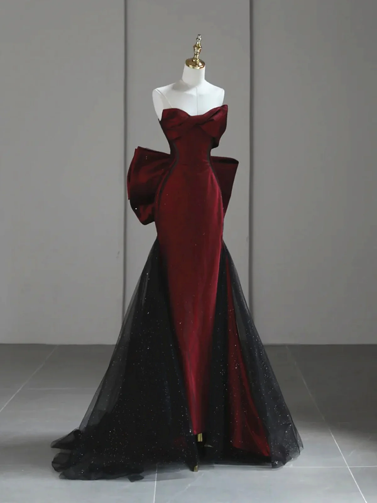Black and Red Strapless Long Prom Dress, Elegant Evening Formal Gown with Bow - FashionDia