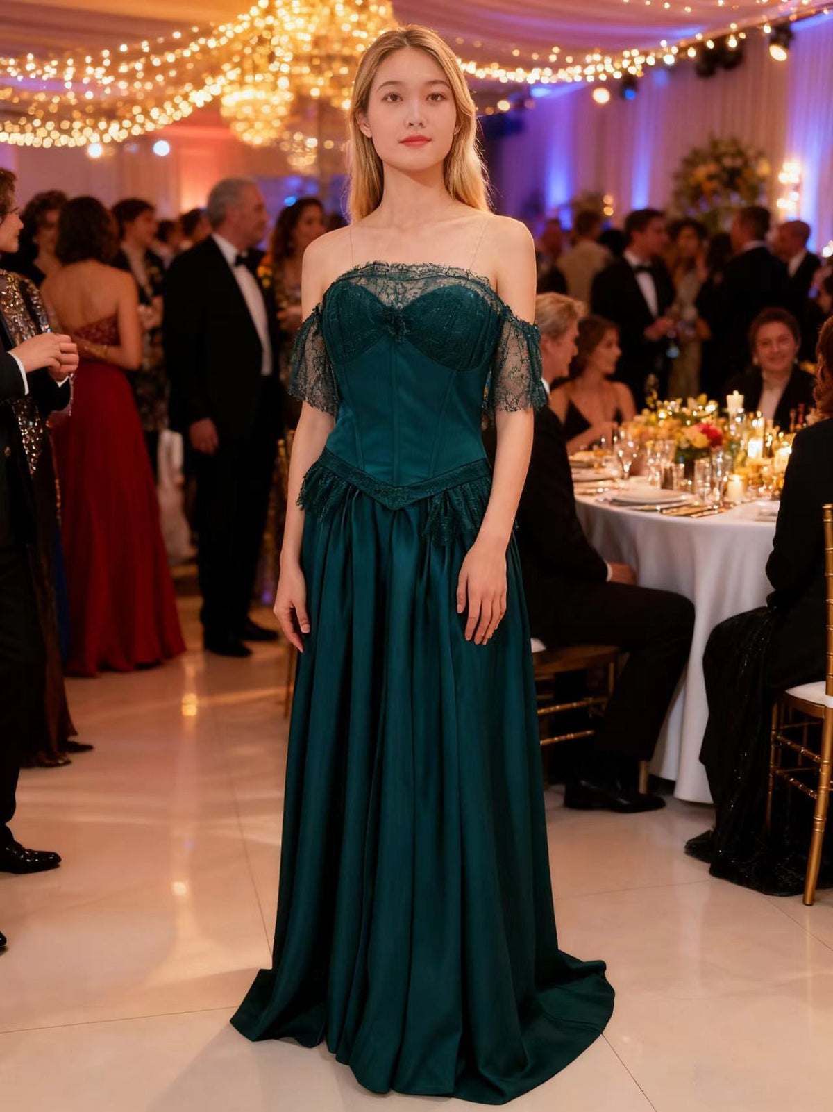 Lace Italian Satin Prom Dress Long Offer Shoulder Evening Party Dresses - View 3 | VelvetHem
