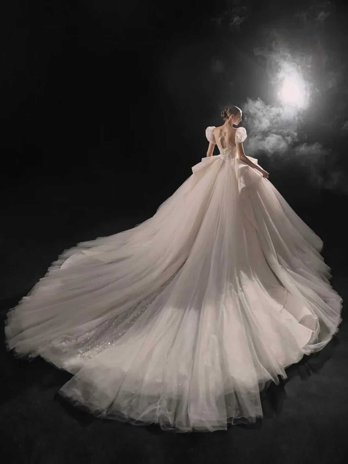 Elegant Sweetheart Ball Gown Lace Puff Sleeve Beaded Embroidery Wedding Dress with Flowing Train E-302 (ZD16903)