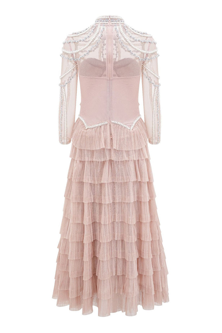 Luxury Crystal Pearl Beaded Drop Waist Tiered Tulle Maxi Evening Dress - View 4 | VelvetHem