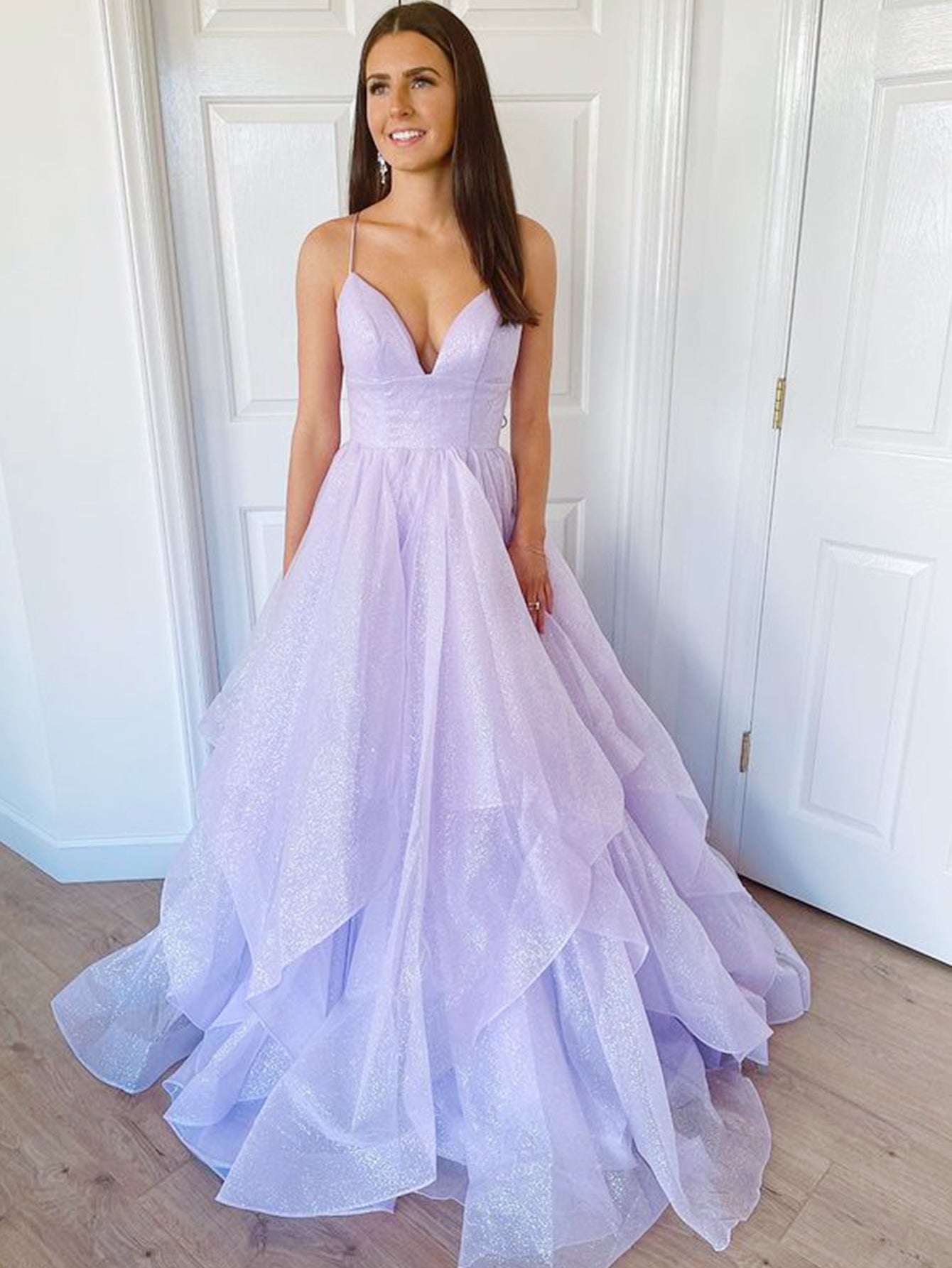 A Line Ruffles Tulle Spaghetti Straps Long Prom Dress - Fashionpara