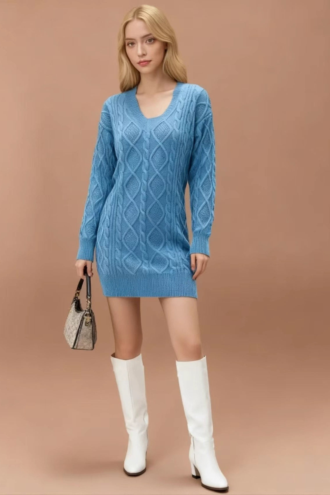 V Neck Cable Knit Work Dress - View 2 | VelvetHem
