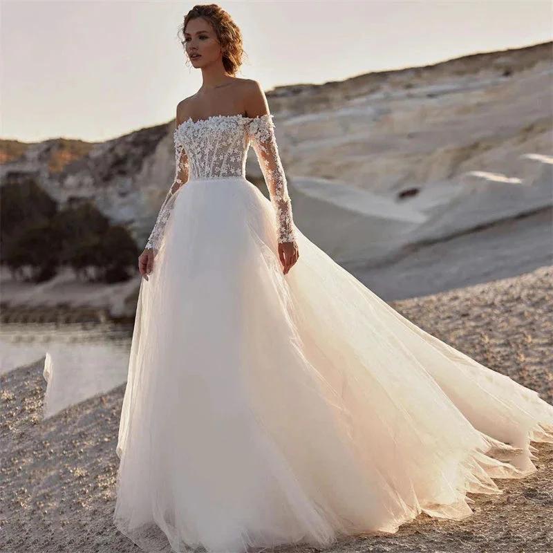 Elegant A-Line Wedding Dress 2023 Women Lace Open Back Strapless Long Detachable Sleeve Bridal Gown Sweep Train Vestido De Noiva (ZD13357)