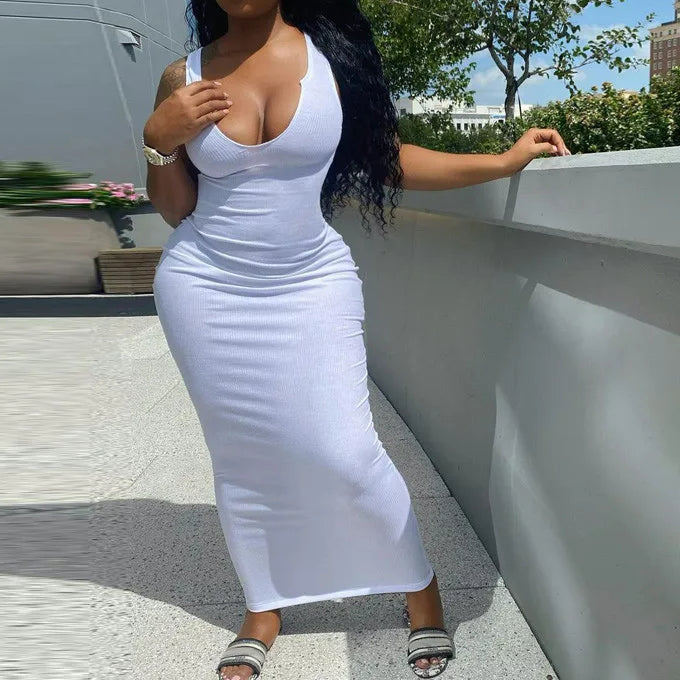 Ribbed Stripe Sleeveless V-neck Midi Dress - VelvetHem