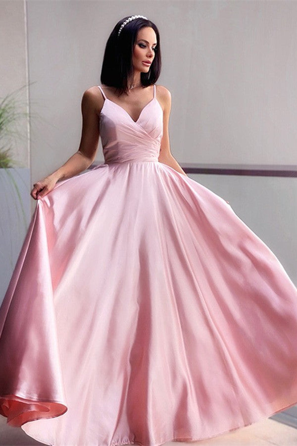 A-line Pink Spaghetti-Straps V-neck Long Prom Dress - VelvetHem