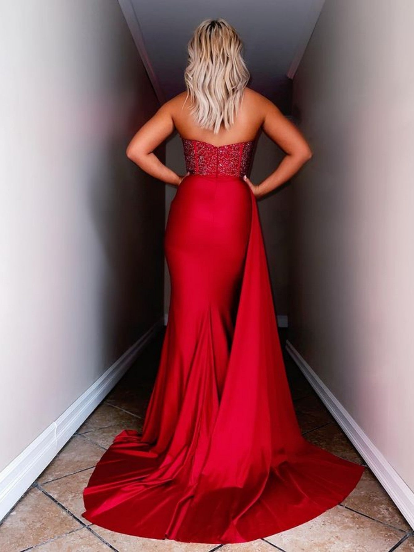 Red Strapless Satin Long Prom Dress with Slit - Fashionpara