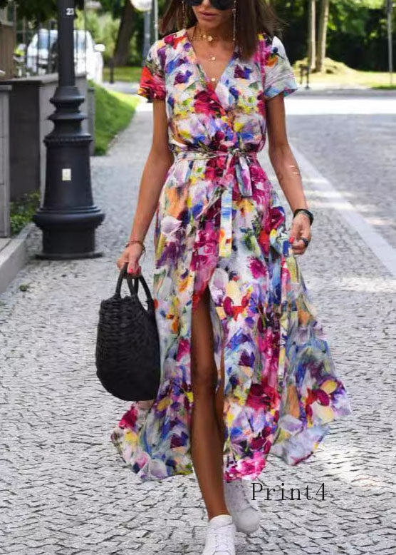 New V Neck Print Side Open Tie Waist Cotton Dress Summer - View 5 | VelvetHem