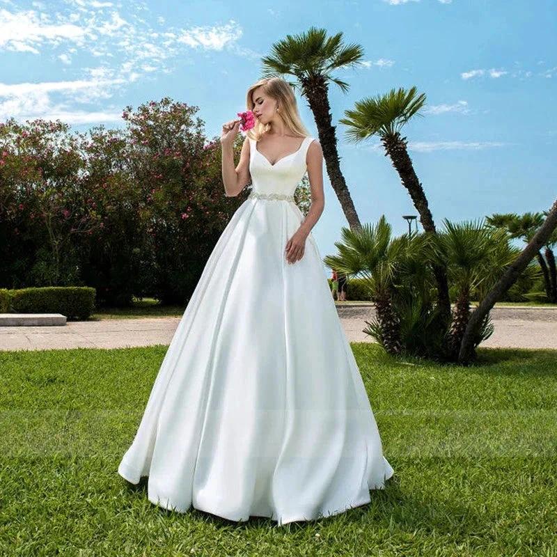 Elegant Women's Wedding Dresses V-Neck Lace Appliques Beads Belt Satin Buttons Back A-Line  2023 Vestido De Noiva Bridal Gowns (ZD13539)