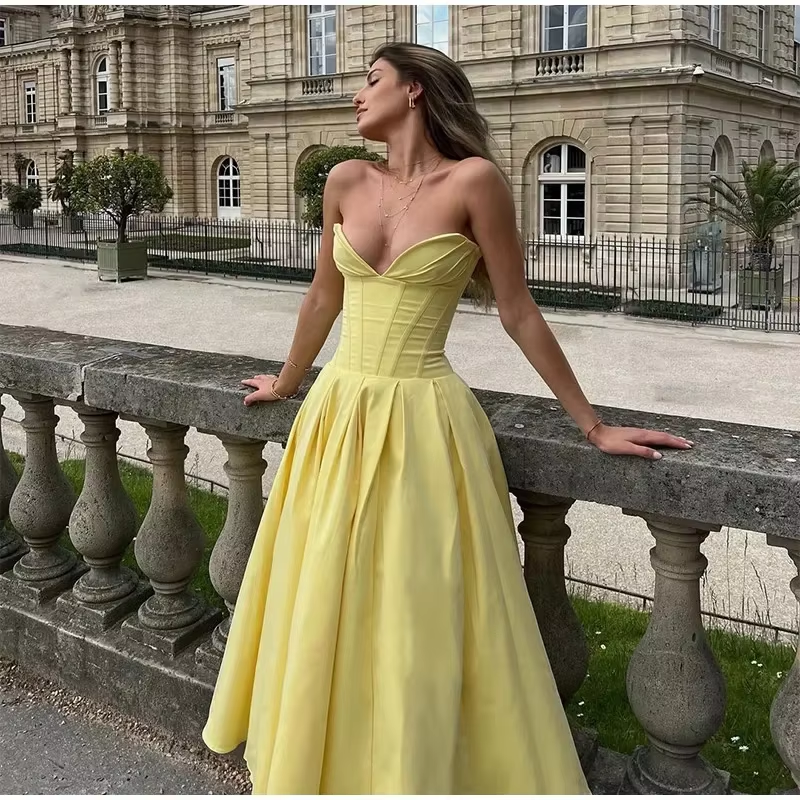 Simple Women strapless pleated maxi dress fashion sexy sleeveless A-Line party dress Evening Dress - FashionDia