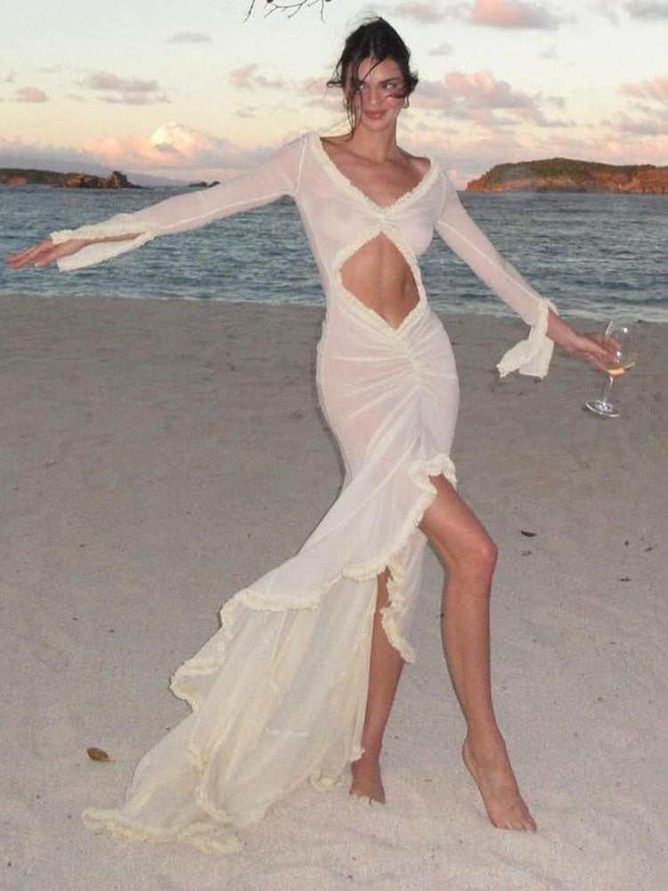TARUXY Deep V Neck Sheer Dress For Women Elegant Slim Hollow Out Dress Femme Holiday Beach Sexy Ruffle Slit Evening Dress Ladies - View 2 | VelvetHem