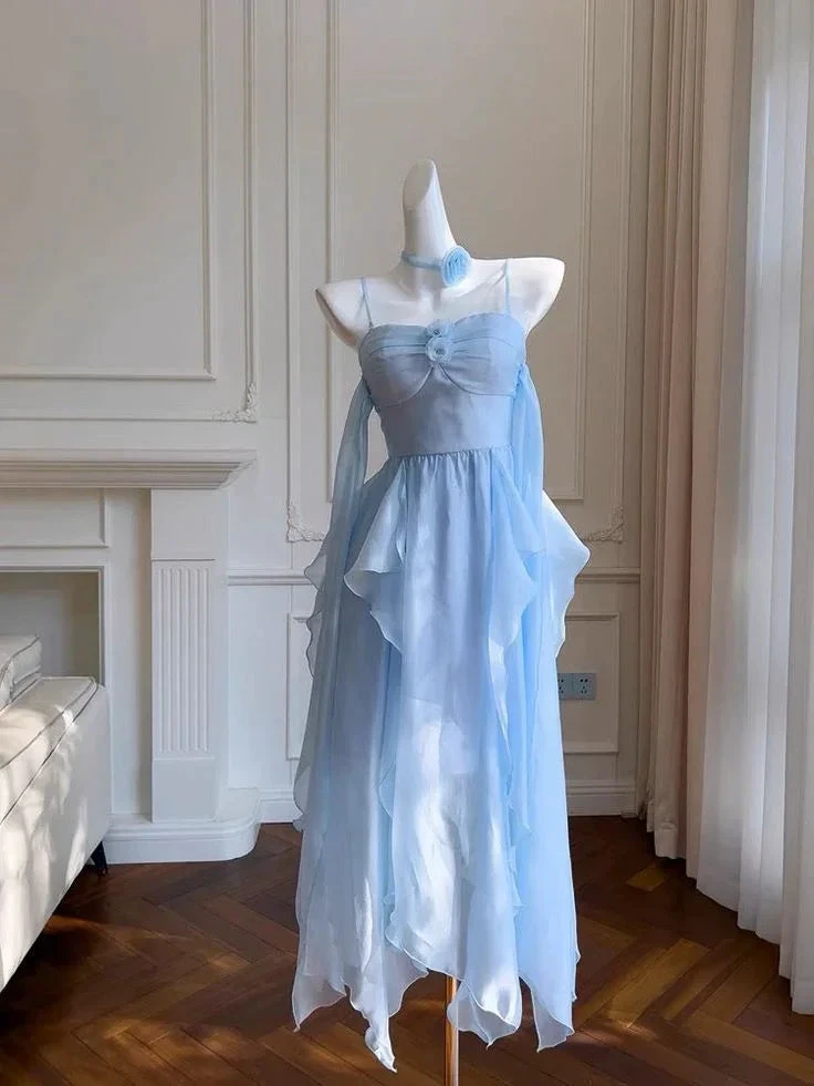 Elegant Spaghetti Straps Blue Chiffon Homecoming Dress Birthday Dress (ZD11369)