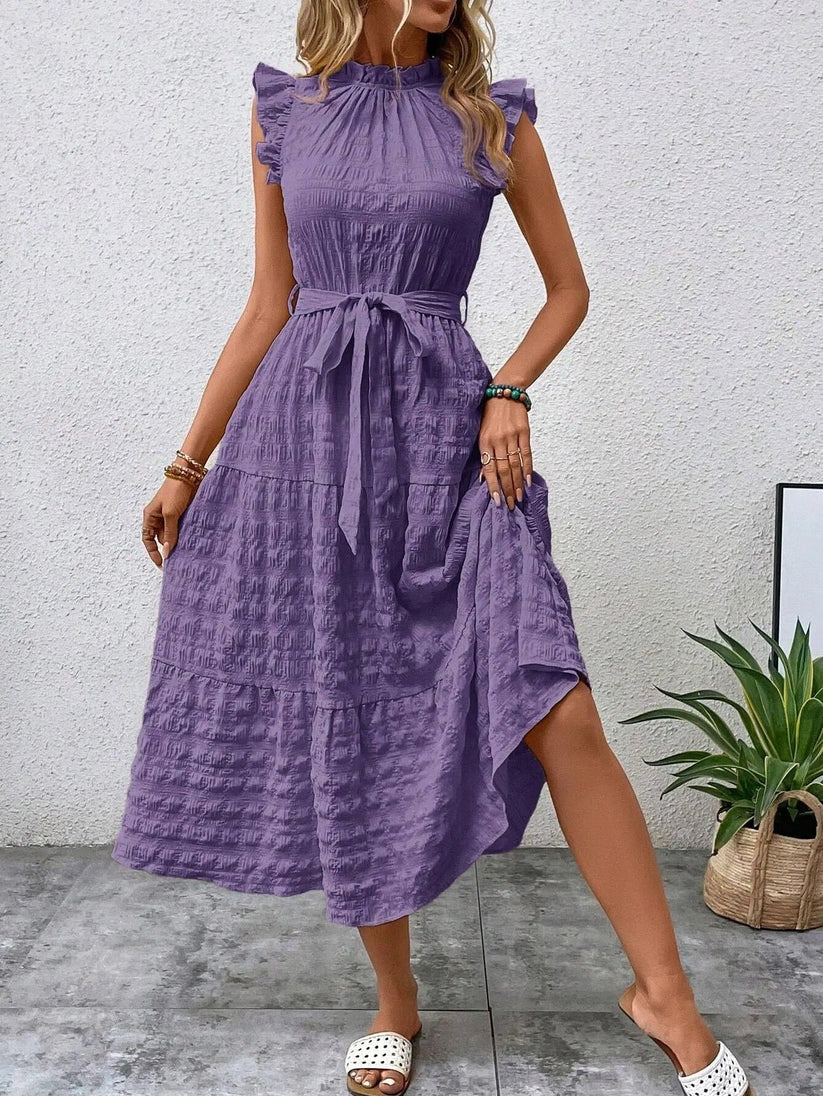 Evelyn Luxe Dress with Belt and Ruffles Elevated Occasion Wear