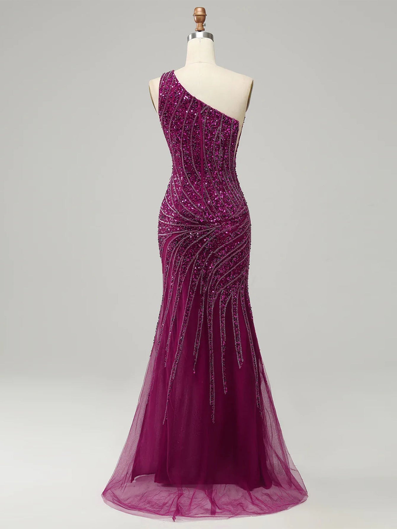 Sparkly Mermaid Purple One Shoulder Long Prom Dress with Slit - Fashionpara