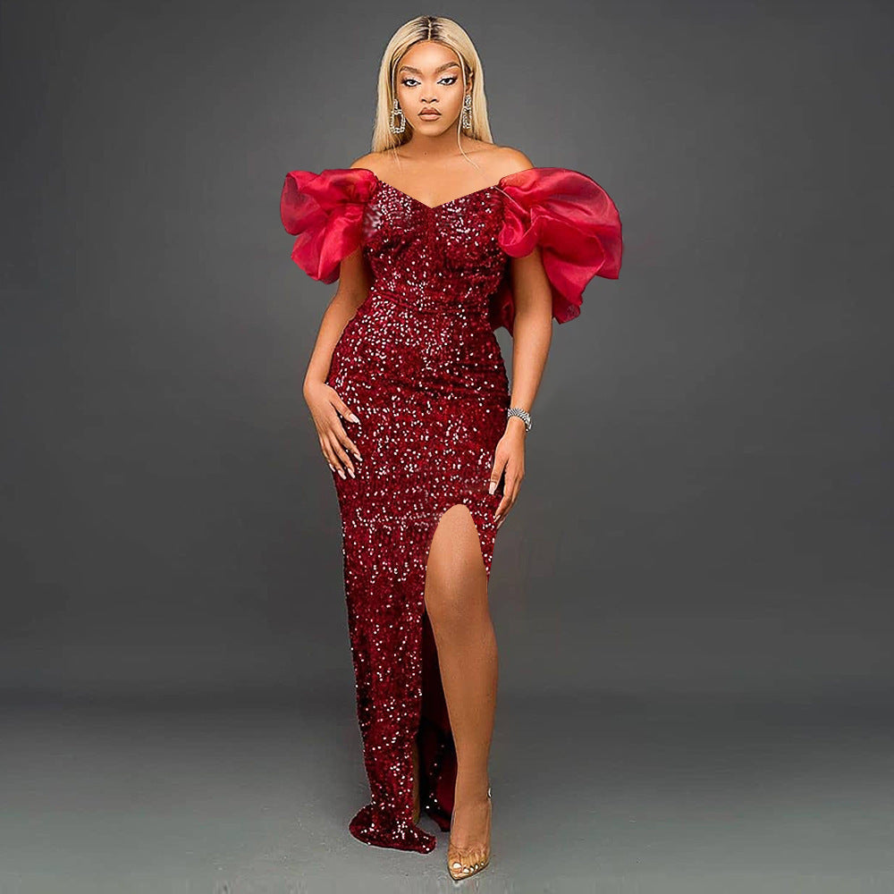 Sexy Ruffles V-neck Elegant Sequ High-End Maxi Dress Ladies Banquet Evening Dress Women Party Dre - VelvetHem