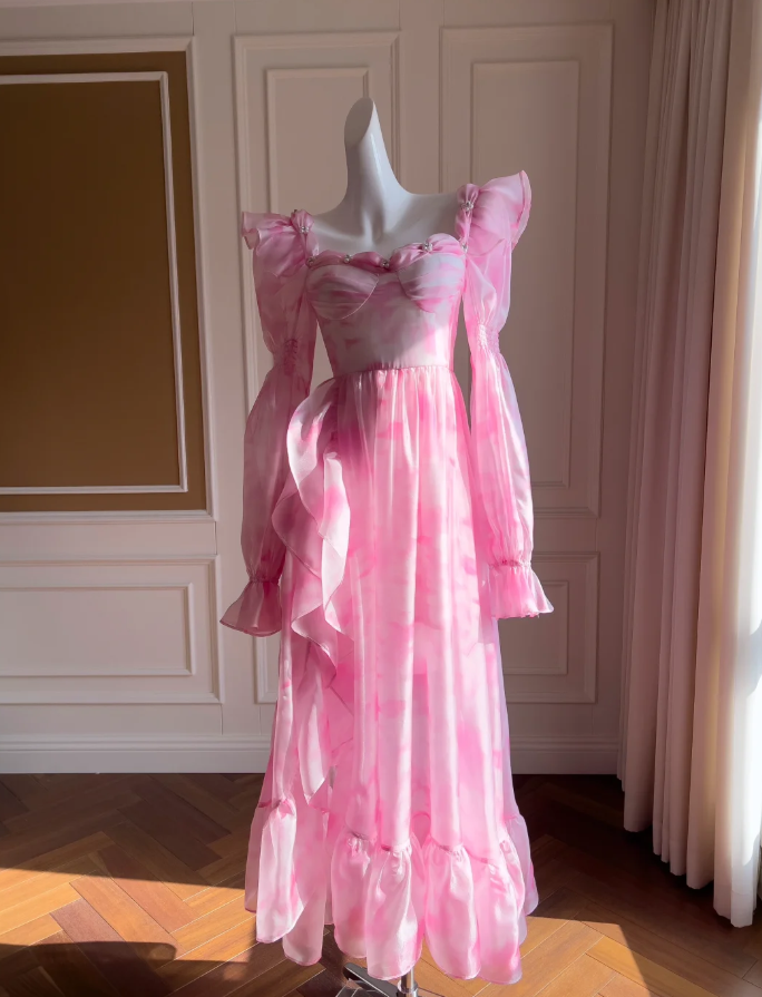 Pretty Pink CHiffon Print Long A Line Prom Dress Evening Dress Y8569 - VelvetHem