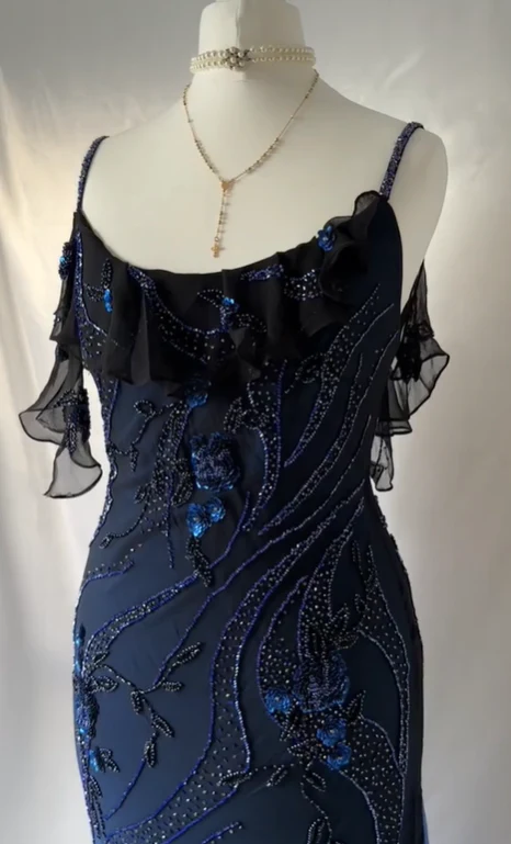 Luxurious Navy Blue Chiffon Beaded Evening Dress Formal Party Prom Dress Y7529 - View 4 | VelvetHem