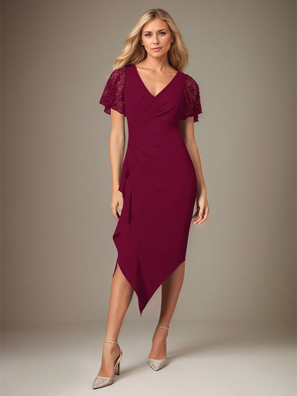 Burgundy Stretch Crepe V-Neck Short Sleeves Tea-Length Dress