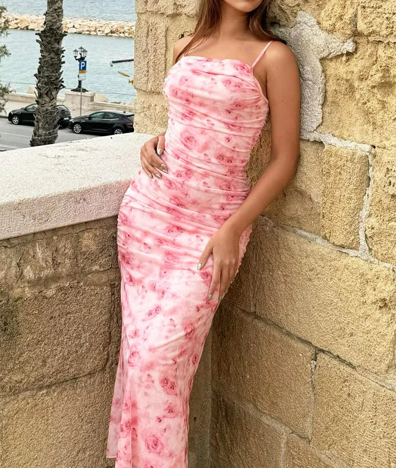 Ruched Spaghetti Strap Backless Floral Dress - View 3 | VelvetHem