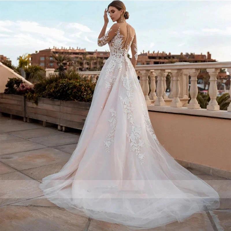 Sheer Sleeves Illusion Lace Wedding Dresses Applique Beach Bridal Gown Sexy Robe De Mariee Bride Dress For Women Bohemian 2022 (ZD13510)