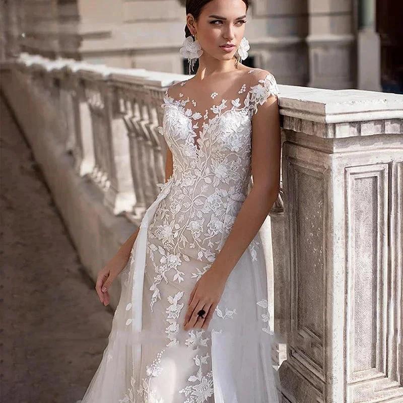 Mermaid Wedding Dresses Women Cap Sleeves Backless Lace Appliques Bridal Gown Detachable Train Vestidos De Novia (ZD13360)