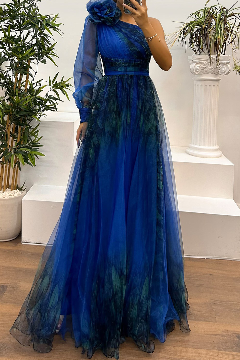 Sexy Prom Floral Print Slit Mesh Flower Shape Sloping Shoulder Evening Dresses(6 Colors) - View 7 | VelvetHem