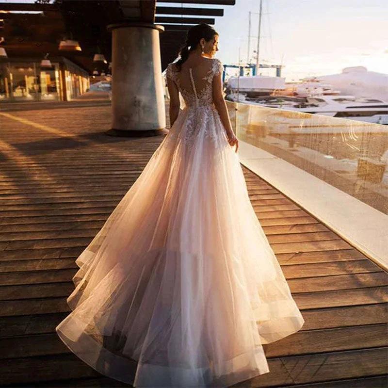 Boho Beach Wedding Dress O-Neck Appliques Lace Top Vintage Princess Wedding Gown Cap Sleeve Simple Bride Dress 2020 (ZD14105)