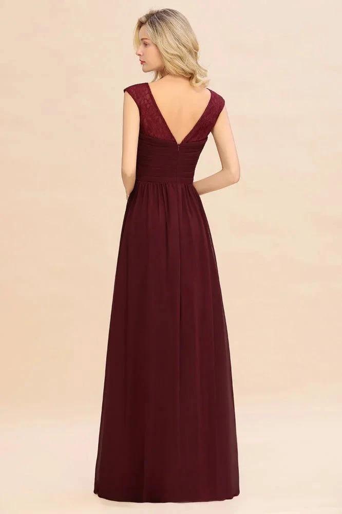 Cap Sleeve Burgundy Evening Maxi Gown Chiffon Floor Length Bridesmaid Dress (ZD12985)