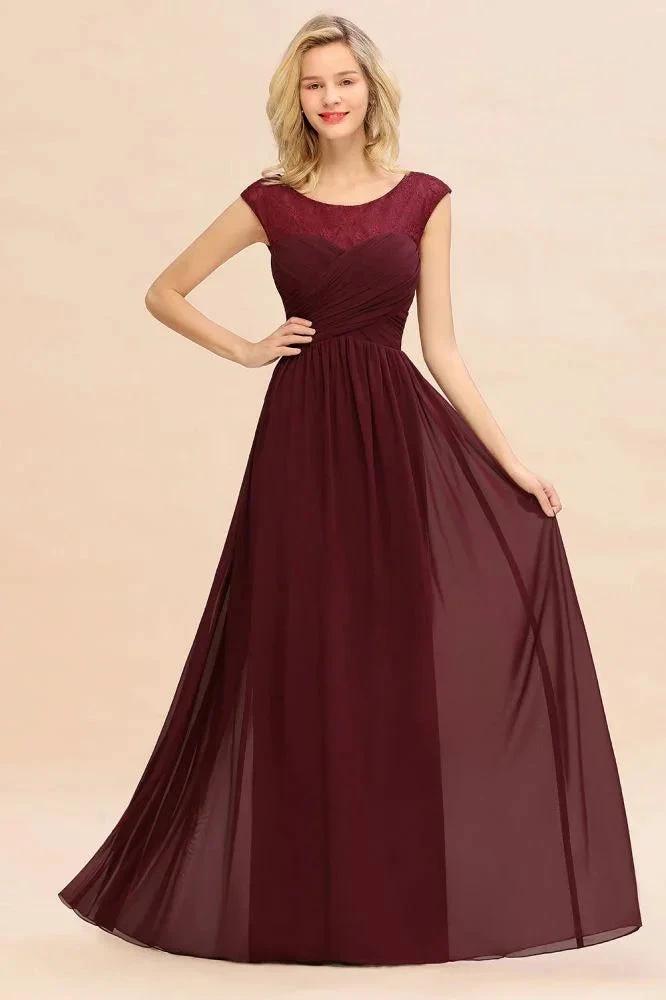 Cap Sleeve Burgundy Evening Maxi Gown Chiffon Floor Length Bridesmaid Dress (ZD12985)