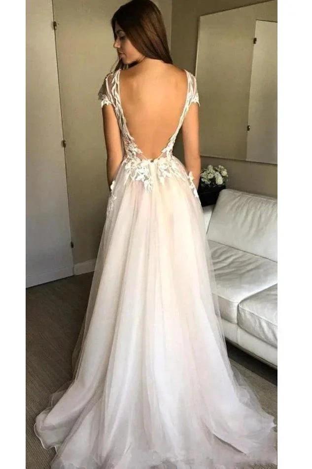 Cap Sleeve Deep V-neck Prom Dress With Appliques Sexy Split Wedding Dresses (ZD16326)