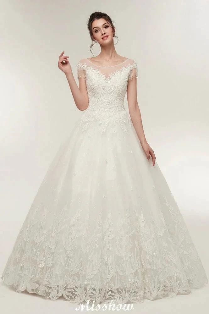 Cap Sleeves A-line Scoop Floor Length Lace Appliques Wedding Dresses by misshow.com