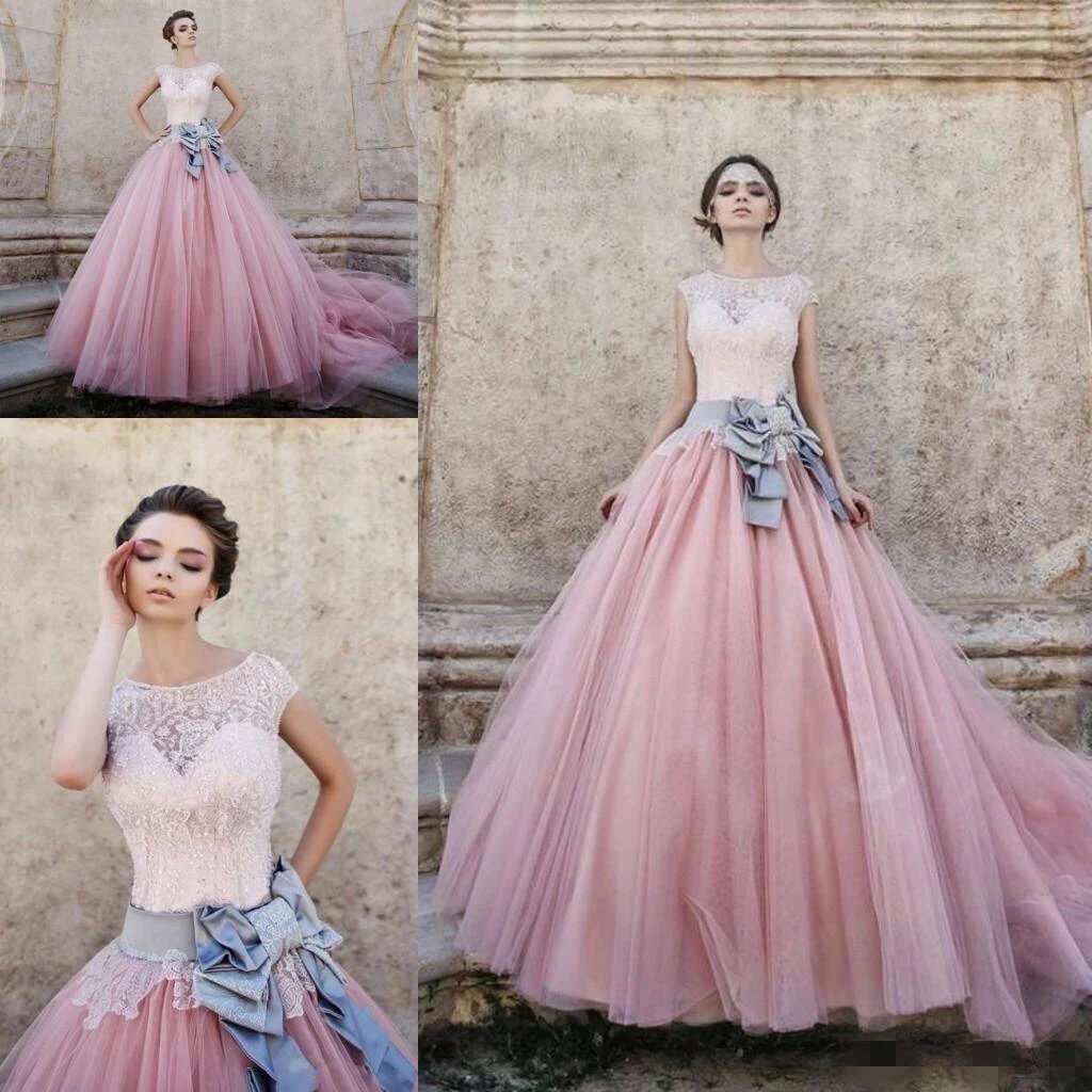 Cap Sleeves Ball-Gown Lace Bowknot Pink  Tulle Wedding Dresses (ZD15480)