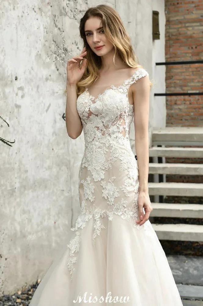 Cap Sleeves Lace Mermaid Wedding Dress White/Ivory Floral Garden Bridal Gown (ZD13965)