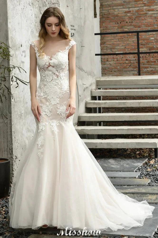 Cap Sleeves Lace Mermaid Wedding Dress White/Ivory Floral Garden Bridal Gown (ZD13965)