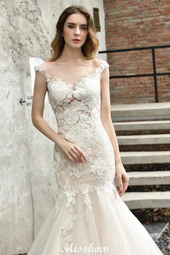Cap Sleeves Lace Mermaid Wedding Dress White/Ivory Floral Garden Bridal Gown (ZD13965)