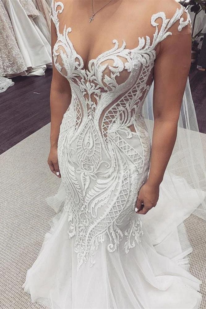 Cap Sleeves Lace Mermaid Wedding Dress (ZD13815)