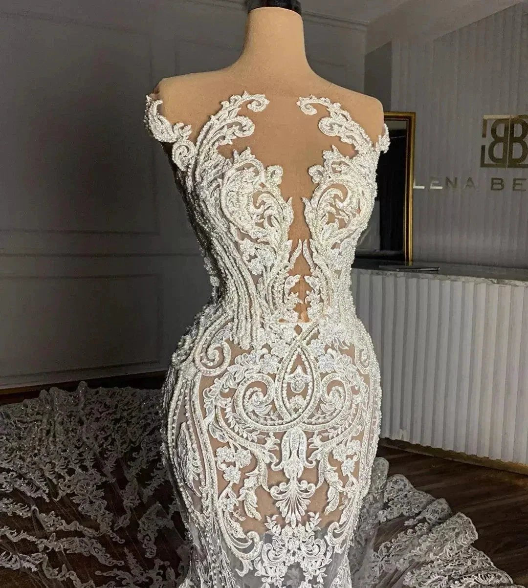Luxury Mermaid Jewel Neck Tulle Long Beading Wedding Dress with Appliques Lace (ZD14479)
